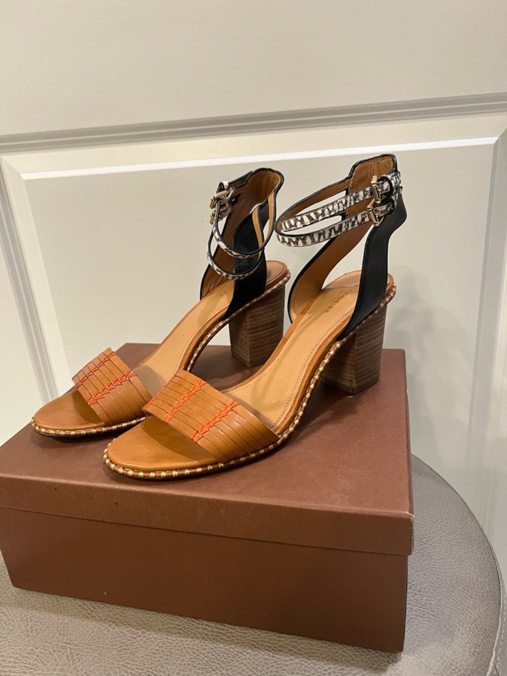 Coach Two-Tone Leather Ankle-Strap Heels in Black and Tan with Patterned Buckle - Picture 2 of 5